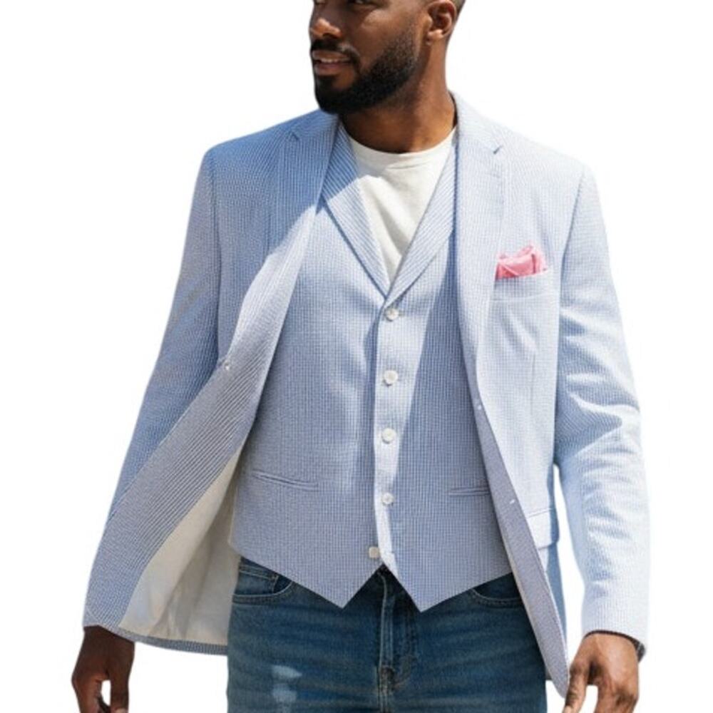 NWOT Pallini Italian Seersucker Suit Jacket & Vest 2-Piece Set 46L Blue striped